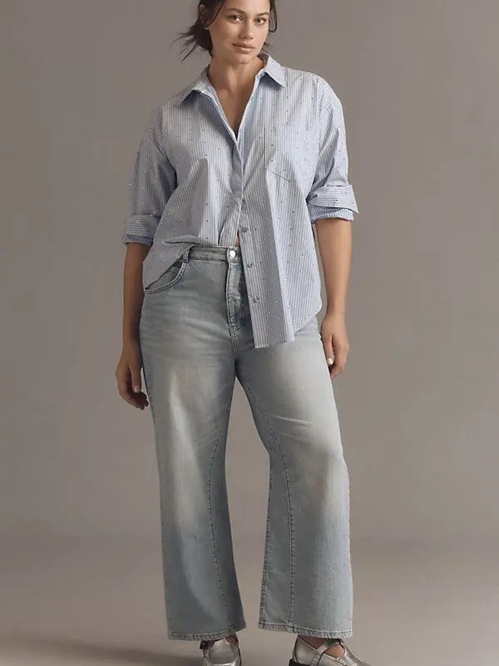 Good American rhinestone pinstripe button up workwear blouse